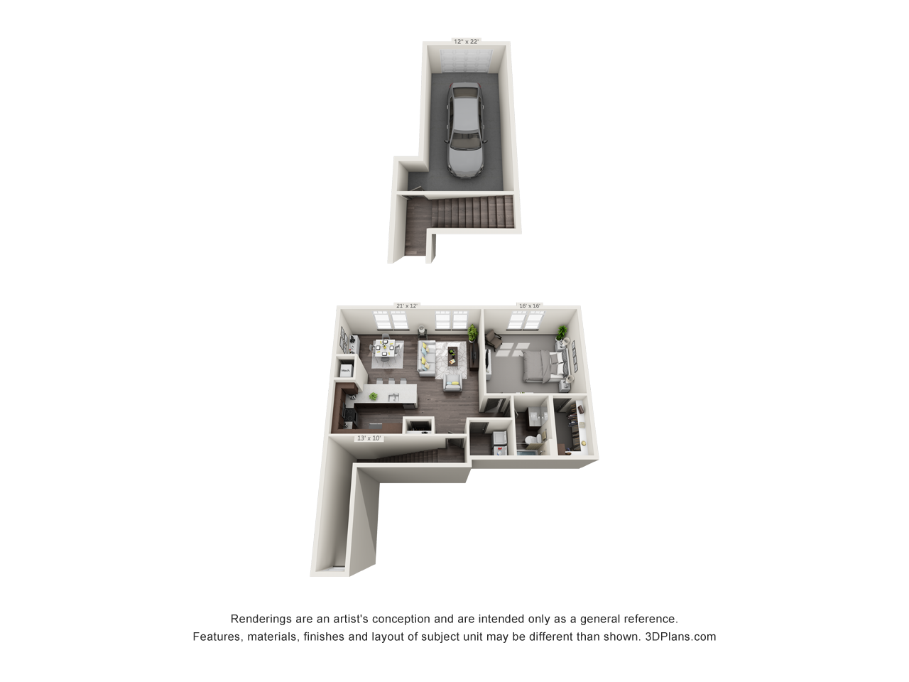 Floor plan for 1 bed, 1 bath, 1003 sqft